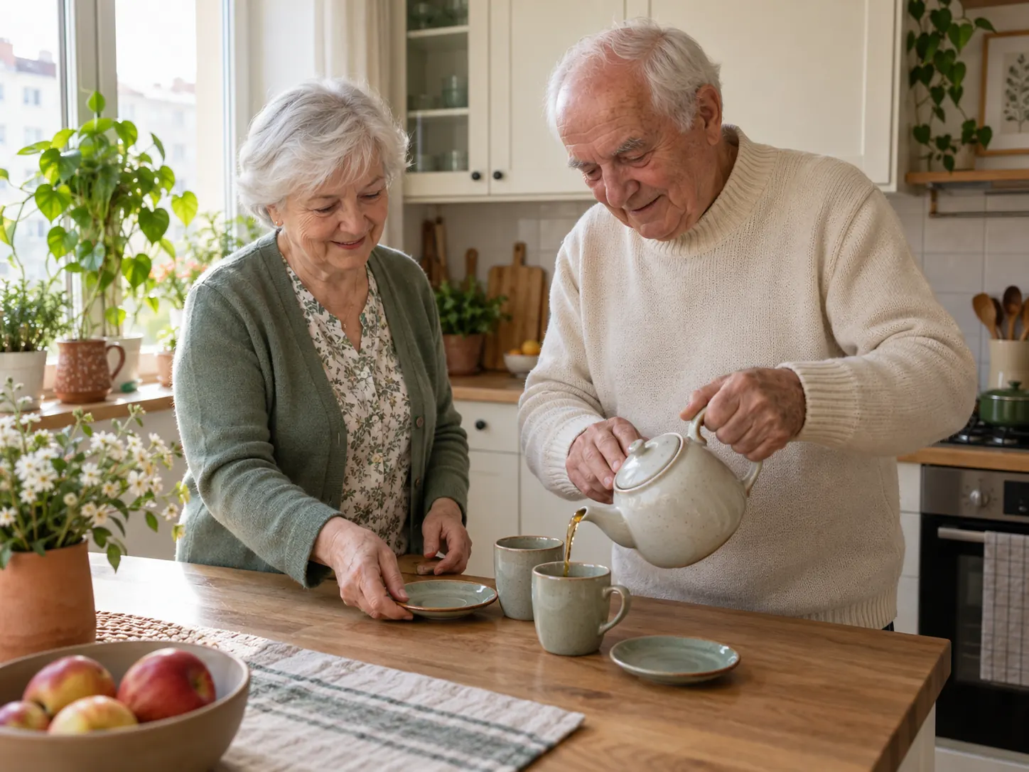 An older couple making tea in their own bright kitchen
