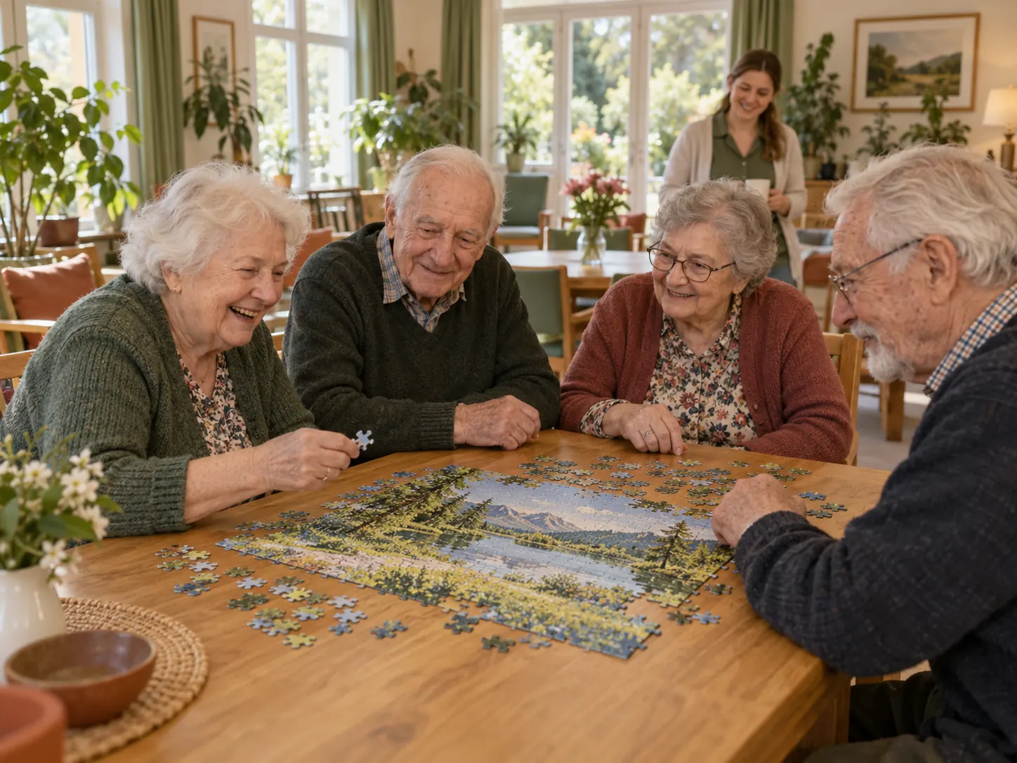 Older people doing a jigsaw together at a large wooden table