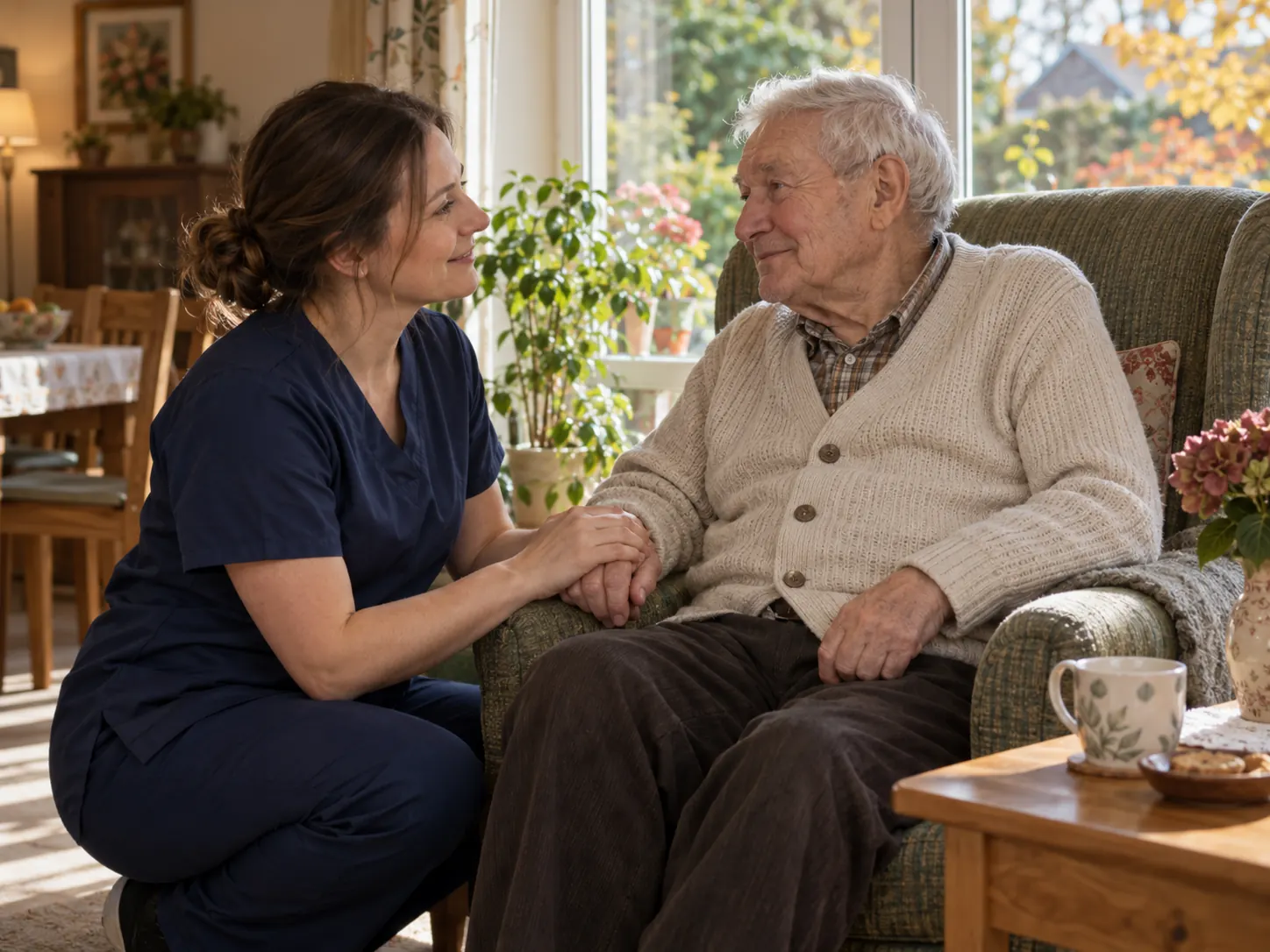 A nurse kneeling beside an older man and holding his hand