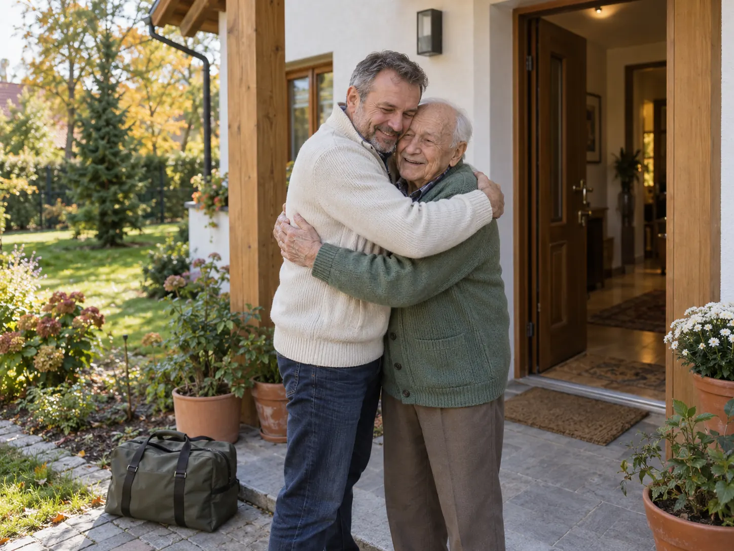 A son hugging his father outside a small care home